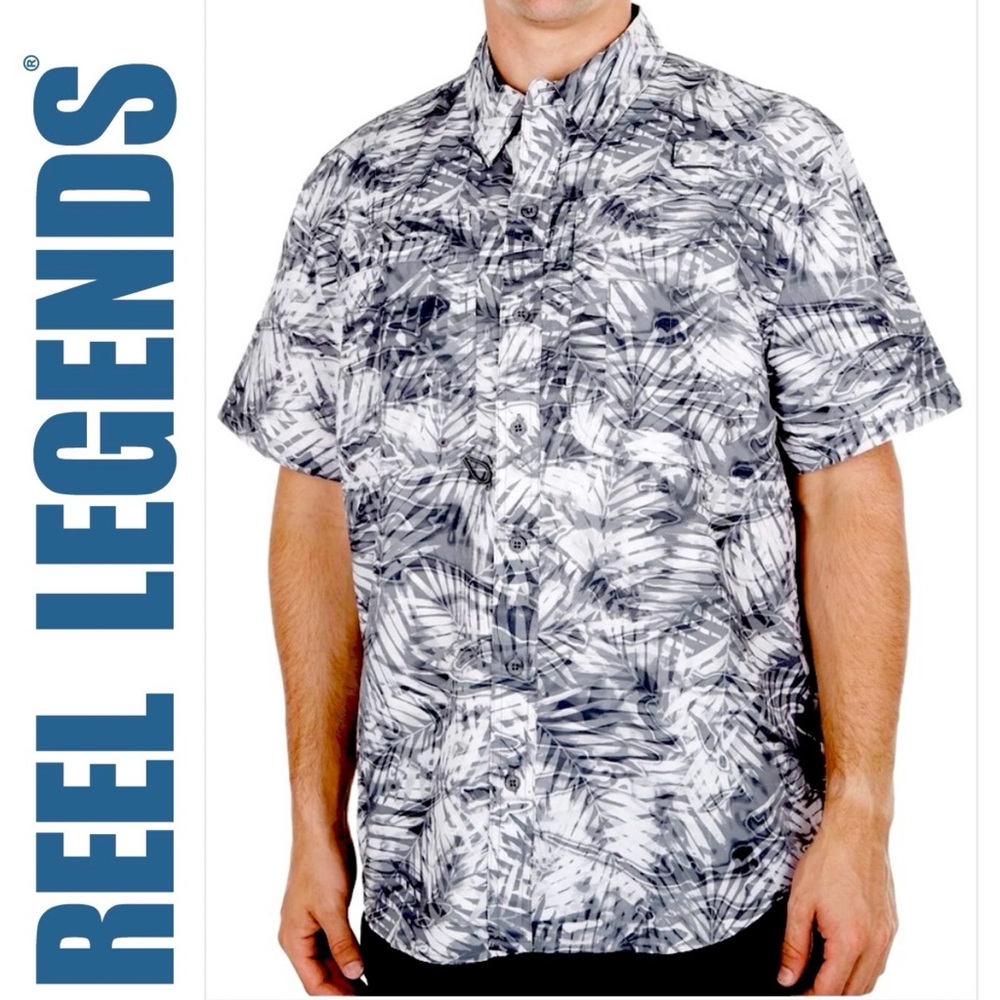 MENS QUICK DRY SHIRT. REEL LEGEND FISHING SHORT SLEEVE, BUTTON FRONT/VENTED BACK